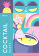 Retro flat summer disco party poster with summer attributes. Pina colada cocktail , tropic fruits and sunglasses. Vector illustration