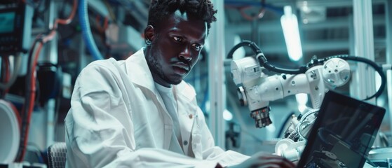 Poster - this video shows a talented african robotics engineer analyzing robotic machine concepts in a high t