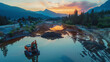 Heavy machinery in pond at sunrise with mountain landscape