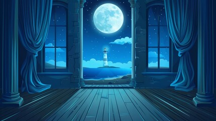 Wall Mural - Stage decoration with seascape night scene, parallax background. Cartoon modern illustration of concert scene with lighthouse, moon, blue curtains, wooden floor, and columns.