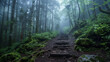 Enchanting misty forest with a serene path and moss-covered rocks