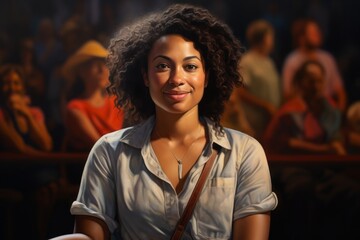 Sticker - Portrait of a tender afro-american woman in her 30s wearing a simple cotton shirt over lively concert stage