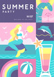 Retro flat summer disco party poster with summer attributes. Mermaid with cocktail, dolphin, tropic leavesand rainbow. Vector illustration