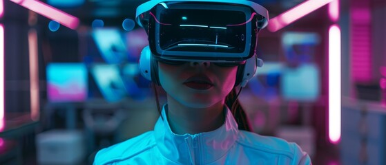 Poster - this image shows a female engineer in a futuristic virtual reality headset operating an industrial r
