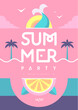 Retro flat summer disco party poster with mermaid tail. Vector illustration
