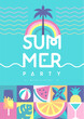 Retro flat summer disco party poster with summer attributes. Vector illustration