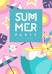 Wall Mural - Retro flat summer disco party poster with cocktail and tropic leaves. Vector illustration
