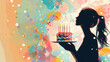 Colorful silhouette of a woman holding a birthday cake with candles
