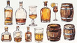 Artistic whiskey collection illustration featuring bottles, glasses, and barrels