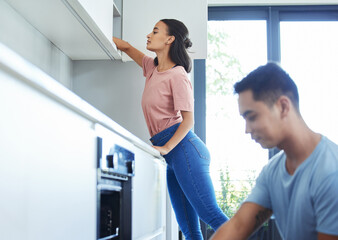 Poster - Couple, kitchen and house with cleaning for teamwork with love, bonding and health with routine on weekend. People, apartment and safety from bacteria with hygiene for fresh with care in Canada.