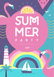 Retro flat summer disco party poster with flamingo, lighthouse and tropic landscape. Vector illustration