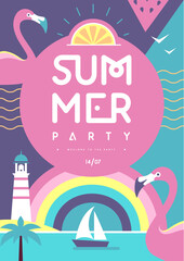 Wall Mural - Retro flat summer disco party poster with flamingo, lighthouse and tropic landscape. Vector illustration