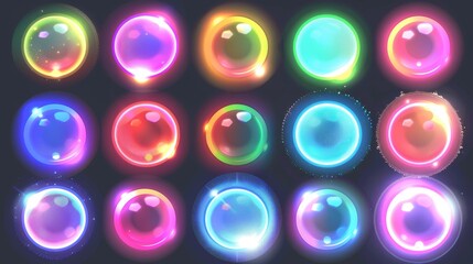 Poster - A realistic set of radial gradient spots isolated on a transparent background. Modern illustration of rainbow color dots, light refraction effect, and holographic blurred circles. Abstract design