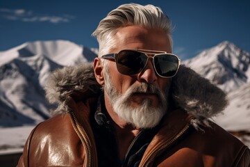 Wall Mural - Portrait of a content man in his 50s wearing a trendy sunglasses in pristine snowy mountain