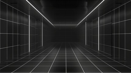Poster - Modern realistic illustration of rectangle line grid box interior with walls, ceiling, floor, corners. Abstract virtual space. Cyber dimension.