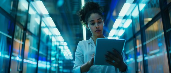 Poster - a female multiethnic software engineer walks and uses a tablet computer while at work.
