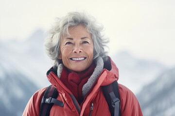 Wall Mural - Portrait of a jovial woman in her 70s wearing a lightweight packable anorak in pristine snowy mountain