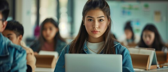 Poster - smart female student using a laptop computer in class while studying with diverse multi-ethnic class