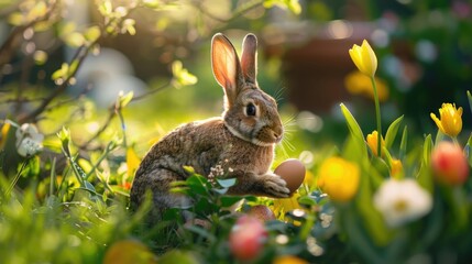 Easter bunny hiding chocolateeggs in a garden, springtime easter egg hunt