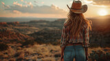 Fototapeta  - Blond cowgirl standing and looking at her ranch