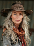 Fototapeta  - Portrait of blonde cowgirl on the farm