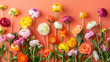 colorful spring flowers on an orange background, creating a vibrant and festive atmosphere for Mother's Day. The flowers include ranunculus in various colors including pink, yellow, red, white, purple