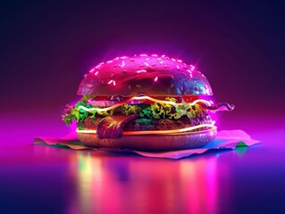 Wall Mural - Futuristic color neon of a gourmet burger, showcased in classic styles color, turning a simple meal into a visually stunning experience, banner template sharpen with copy space