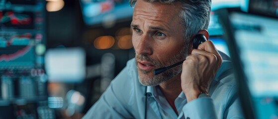 Poster - In this scene, a middle-aged stock exchange trader communicates buy and sell orders to the operator on the other end of the line. A professional investment banker is in the workplace in this scene.