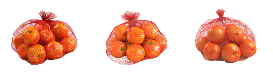 Set of Fresh Oranges fruit in net bag Isolated on transparent background