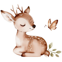 Sleeping woodland baby deer with butterfly, watercolor cute forest animal clipart