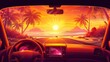 A sunny sunset road with a car dashboard view to the right. Palm trees and sun throughout a nature vacation landscape viewed from the window of the vehicle. An unmanned steering and navigation system