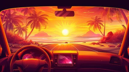 Wall Mural - A sunny sunset road with a car dashboard view to the right. Palm trees and sun throughout a nature vacation landscape viewed from the window of the vehicle. An unmanned steering and navigation system