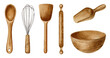 © Fedulova_art - Set of wooden kitchen utensil elements spoon, bowl, rolling pin, whisk, scoop. Watercolor isolated hand drawn illustrations. Clipart of cooking tool for label, packaging, card,for bakehouse, bakeshop