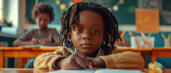 Poster - young attentive african man writing down notes in notebook, finding a solution to an exercise. smart