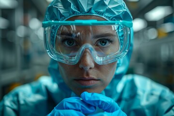 Poster - a focused scientist in protective gear examines something intently in a high-tech lab