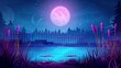Grassy swamp in a night city park. Water pond near metal fence in dark environment. Outdoor panorama landscape with neon city skyline and full moon.