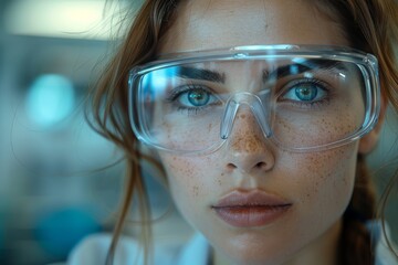 Poster - close-up image of a female scientist wearing safety goggles emphasizing focus and precision in a lab