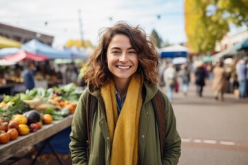 Wall Mural - Portrait of a smiling woman in her 30s dressed in a comfy fleece pullover in vibrant farmers market