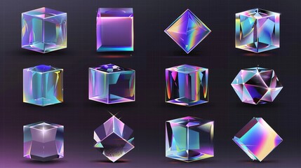 Poster - Holographic 3D glass cubes isolated on transparent background. Modern illustration of crystal blocks with iridescent surfaces, square ice pieces with iridescent surfaces.