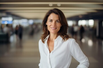 Wall Mural - Portrait of a merry woman in her 40s wearing a classic white shirt while standing against bustling airport terminal background