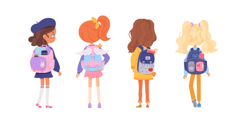 Wall Mural - Kids with school backpacks back view vector set. Girls friends going to kindergarten with bag pack. Cartoon smart students characters isolated on white background. Back to school, education concept