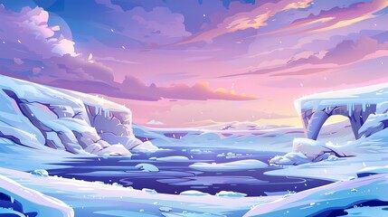 Wall Mural - River landscape in winter with ice floes on water surface. Modern cartoon illustration of nordic landscape with white stones, clouds in blue and pink, and snow-covered north pole.