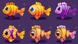 Modern illustration of funny clownfish on yellow and purple background smiling, crying, angry, happy, sad, colorful mascot design.
