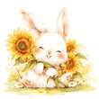 Watercolor painting of cute little white rabbit with sunflower
