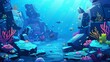 Fish on ocean underwater boulder background. Reef life under water with animal and seaweed plant. Tropical aquatic habitat wildlife drawing environment. Aquarium ecosystem landscape.