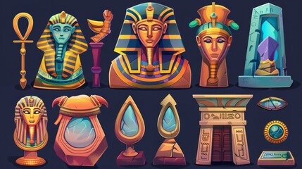 Wall Mural - Pharaoh god temple modern game set. Cartoon antique sarcophagus, portal, treasure and tomb item. Historical museum icon. Fantasy great museum icon.