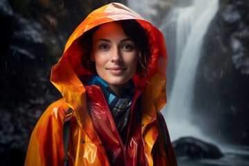 Wall Mural - Portrait of a glad woman in her 30s wearing a vibrant raincoat over backdrop of a spectacular waterfall