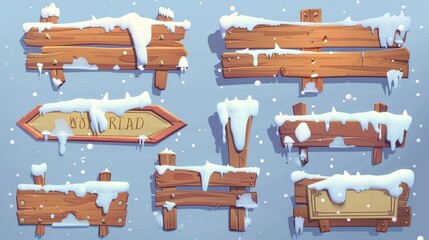 Wall Mural - Realistic illustration of blank snowy ribbons and banners with wood texture for winter and Christmas advertising.