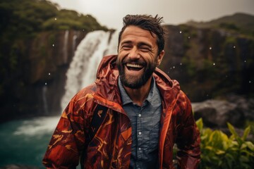 Wall Mural - Portrait of a cheerful man in his 30s wearing a functional windbreaker over backdrop of a spectacular waterfall