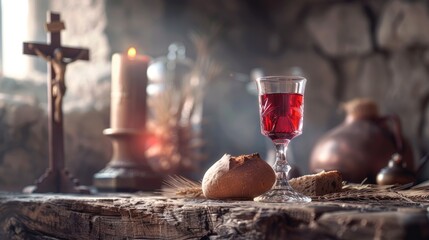 Wall Mural - The scene is set a wooden church table adorned with the solemn symbols of Holy Communion Picture this a glass chalice filled with crimson wine accompanied by bread and a Cross all resting up